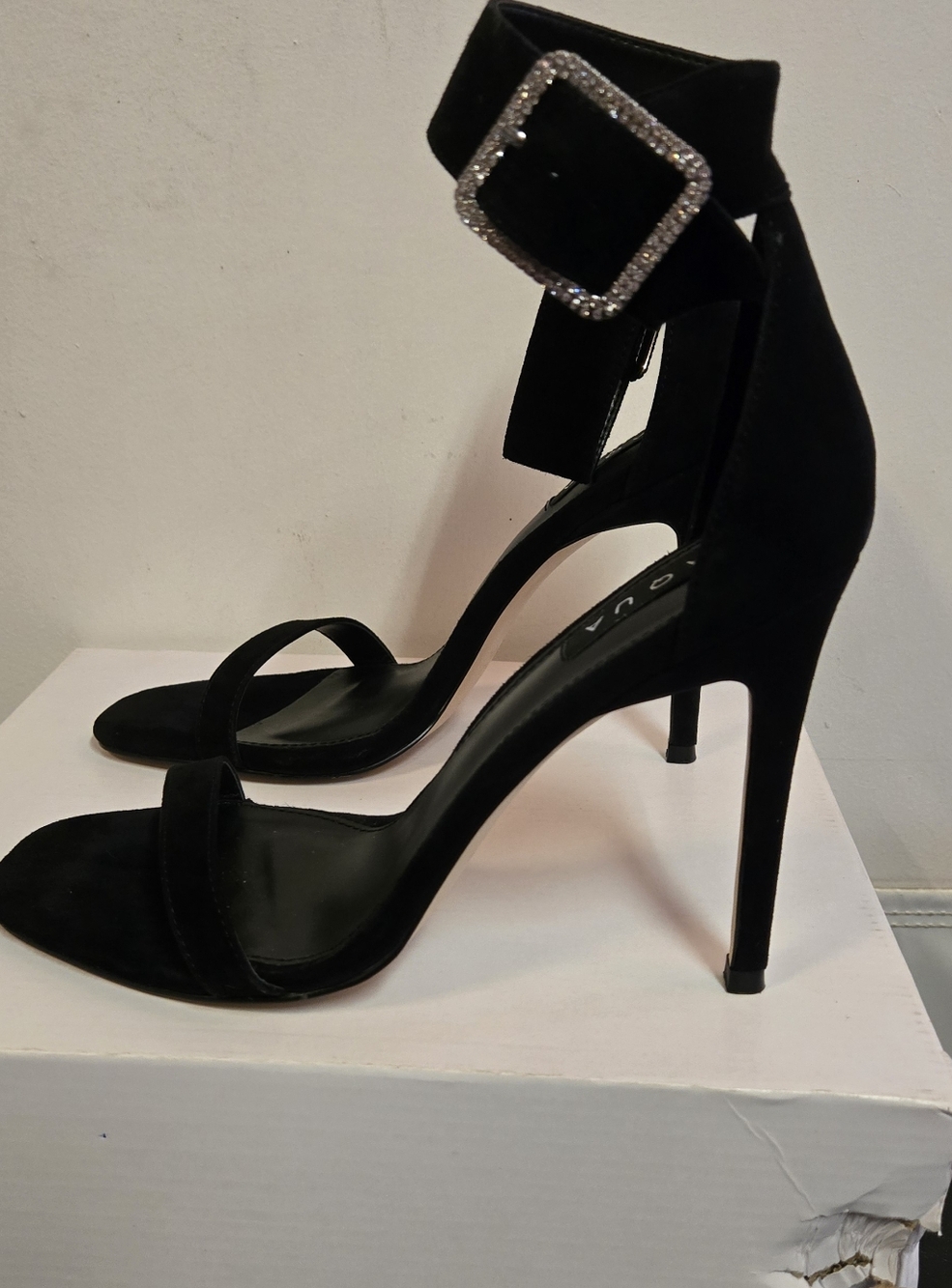 AQUA Blair Black Suede Stiletto Heels with Crystal Buckle